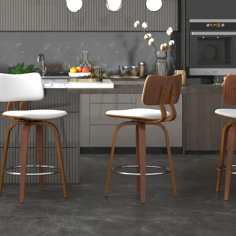 Swivel Counter Stool Fabric Upholstered Walnut Wood Frame Mid-Century Modern