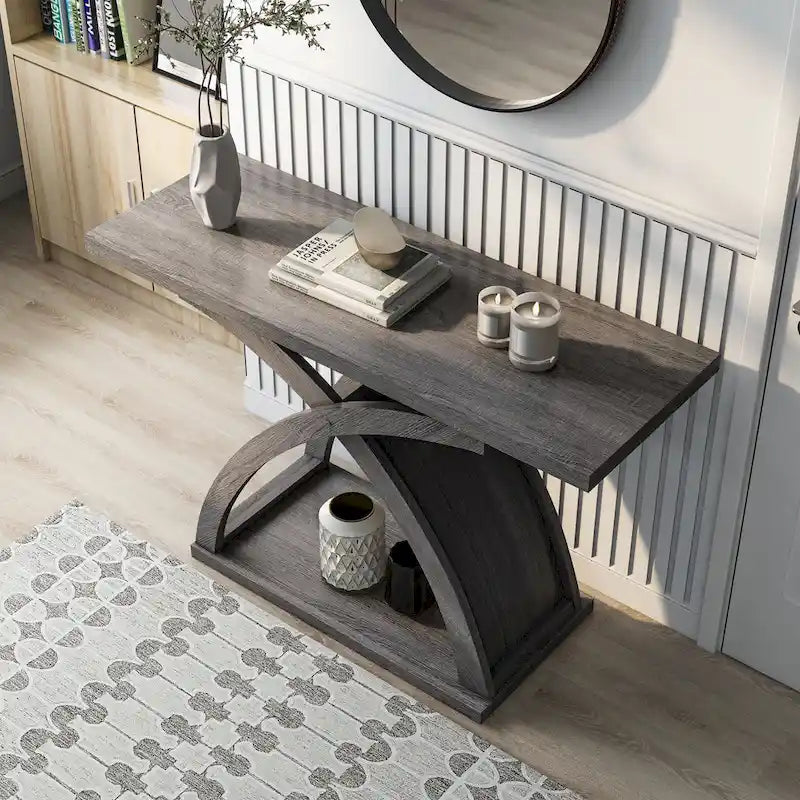 Transitional Distressed Grey Sofa Console Table with X-Base and Storage Shelf
