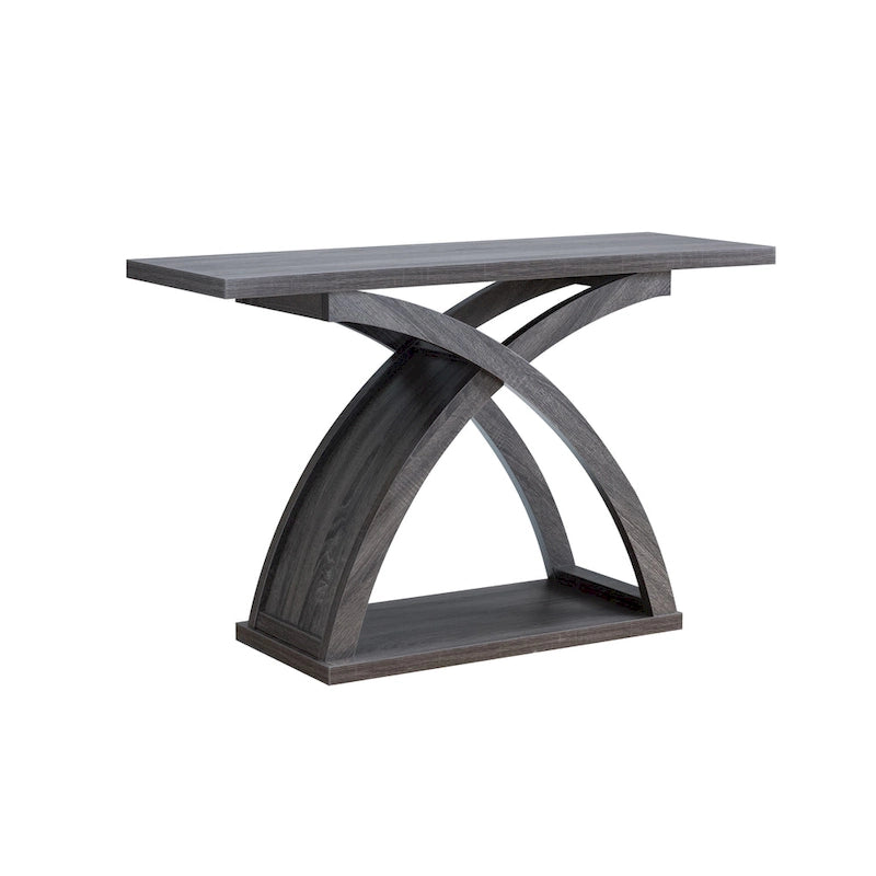 Transitional Distressed Grey Sofa Console Table with X-Base and Storage Shelf