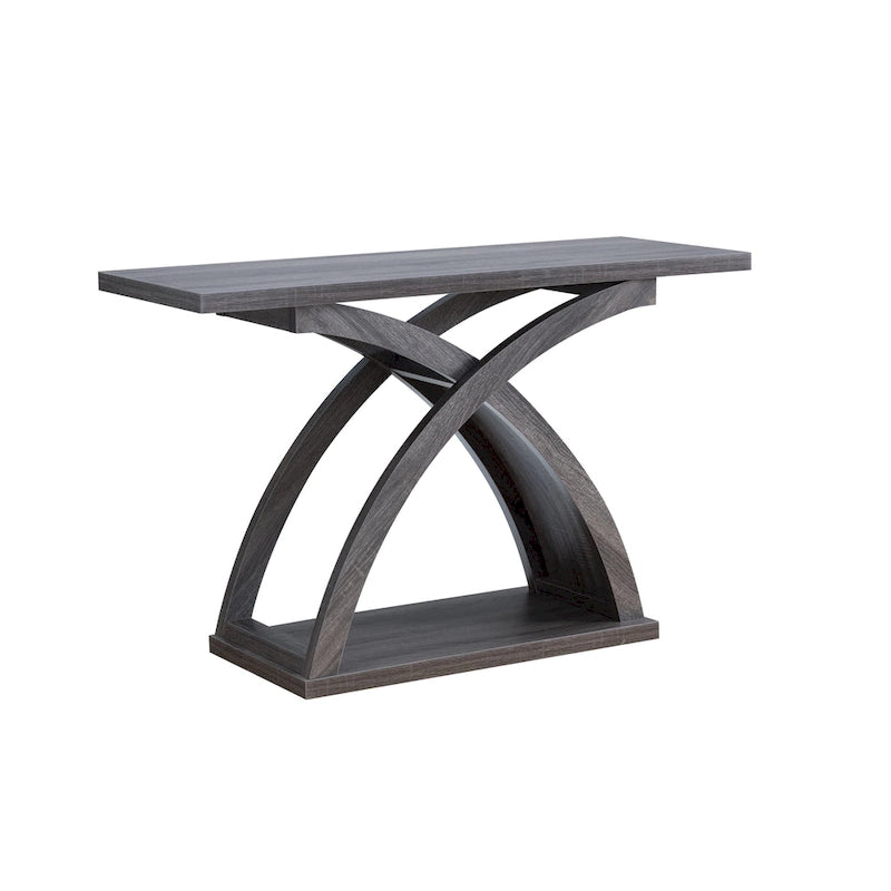 Transitional Distressed Grey Sofa Console Table with X-Base and Storage Shelf