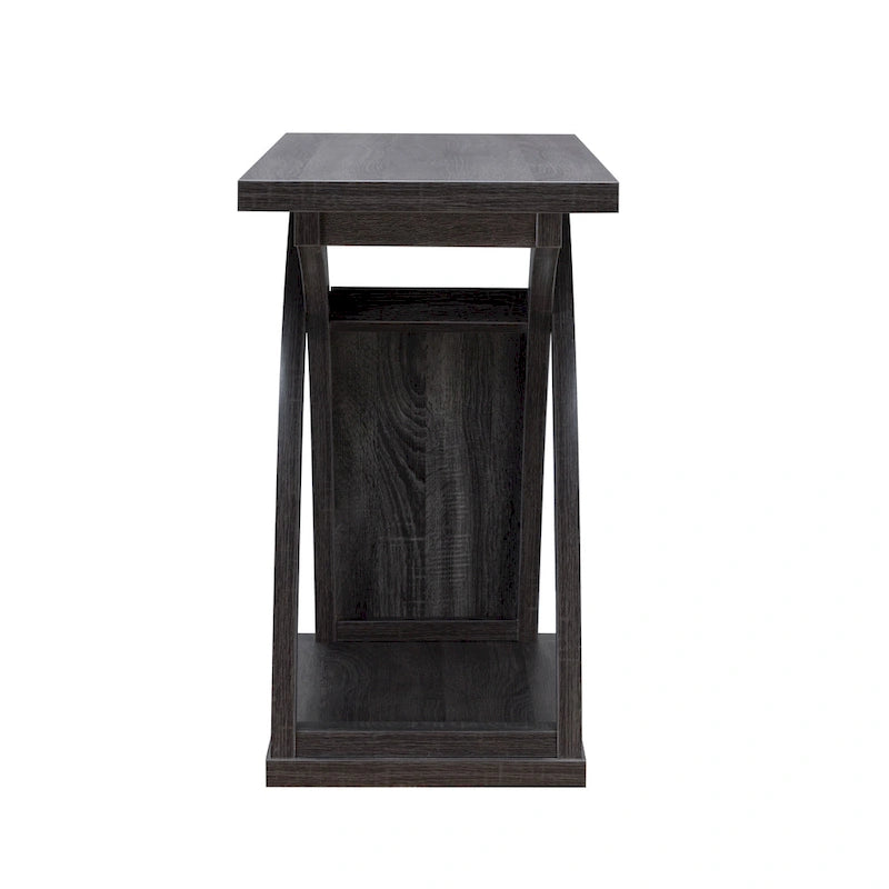 Transitional Distressed Grey Sofa Console Table with X-Base and Storage Shelf