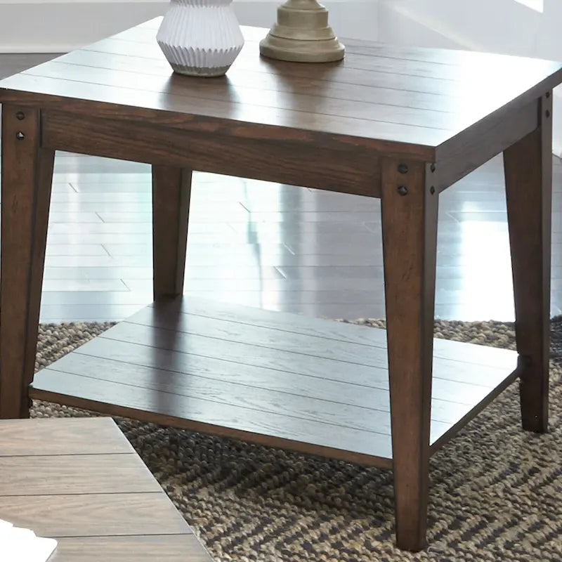 Rustic Brown Oak Square Lamp Table with Bottom Shelf Wood Veneer