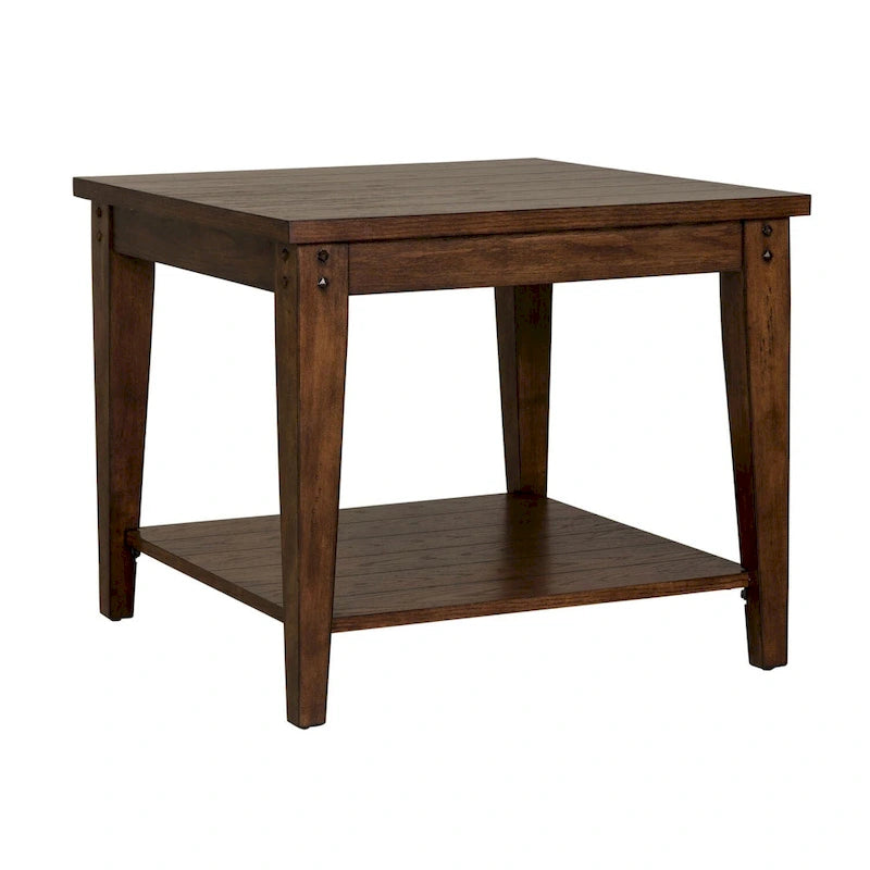 Rustic Brown Oak Square Lamp Table with Bottom Shelf Wood Veneer