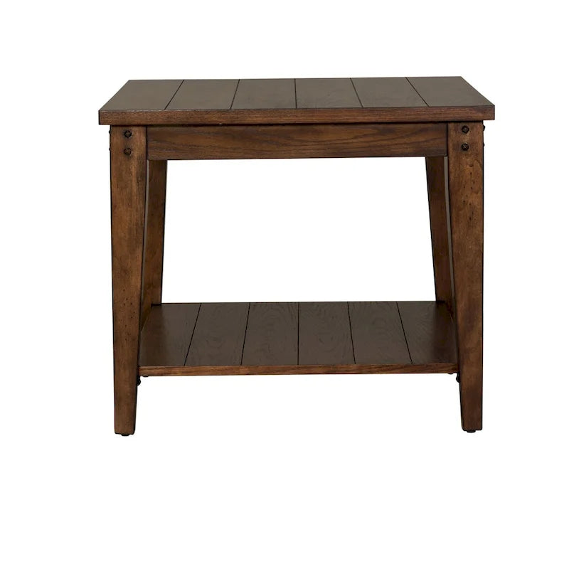 Rustic Brown Oak Square Lamp Table with Bottom Shelf Wood Veneer