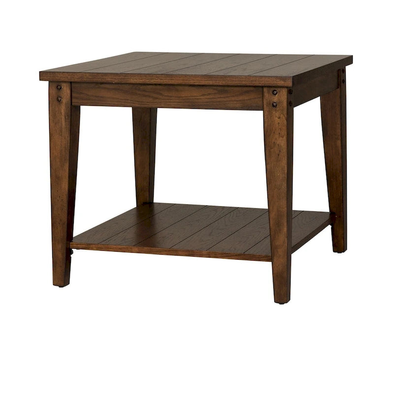 Rustic Brown Oak Square Lamp Table with Bottom Shelf Wood Veneer