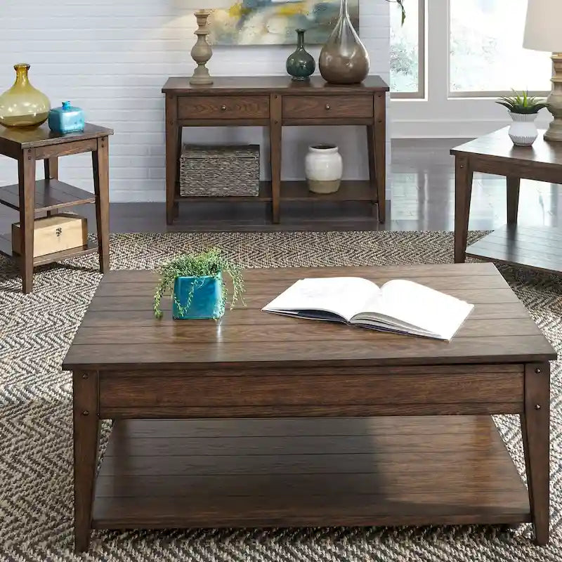 Rustic Brown Oak Square Lamp Table with Bottom Shelf Wood Veneer