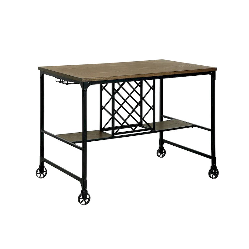 Medium Oak Industrial Metal Kitchen Island with Wine Rack and Caster Wheels