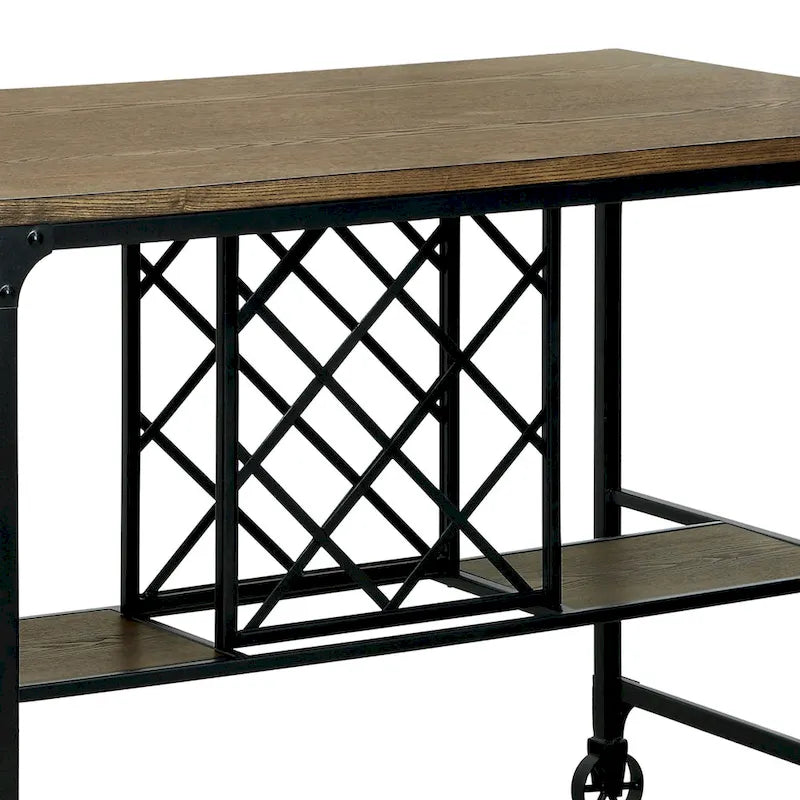Medium Oak Industrial Metal Kitchen Island with Wine Rack and Caster Wheels