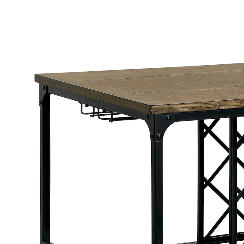 Medium Oak Industrial Metal Kitchen Island with Wine Rack and Caster Wheels
