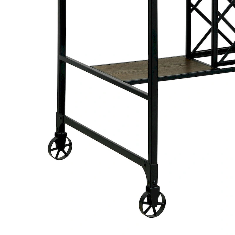 Medium Oak Industrial Metal Kitchen Island with Wine Rack and Caster Wheels