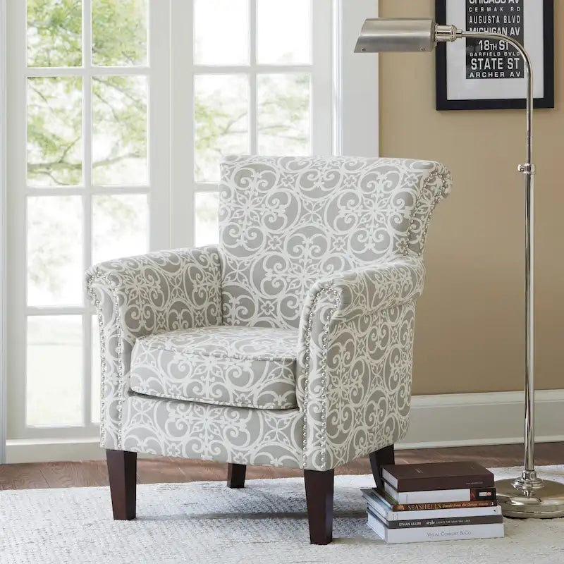 Fretwork Pattern Upholstered Nailhead Trim Tight Back Accent Club Chair