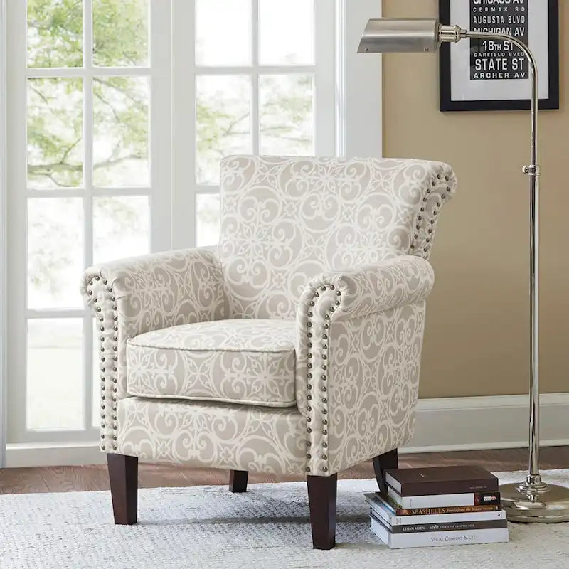 Fretwork Pattern Upholstered Nailhead Trim Tight Back Accent Club Chair