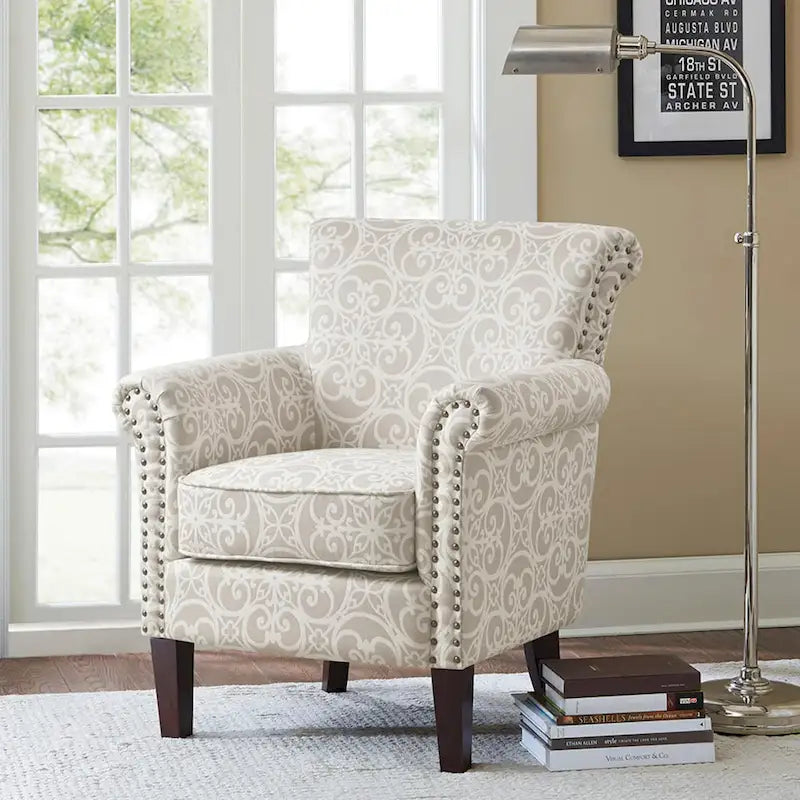 Fretwork Pattern Upholstered Nailhead Trim Tight Back Accent Club Chair