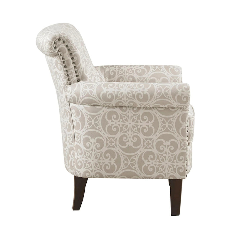 Fretwork Pattern Upholstered Nailhead Trim Tight Back Accent Club Chair
