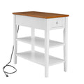 Narrow Two-Tone Side Table with Charging Station, Drawer and Open Shelves, White & Brown