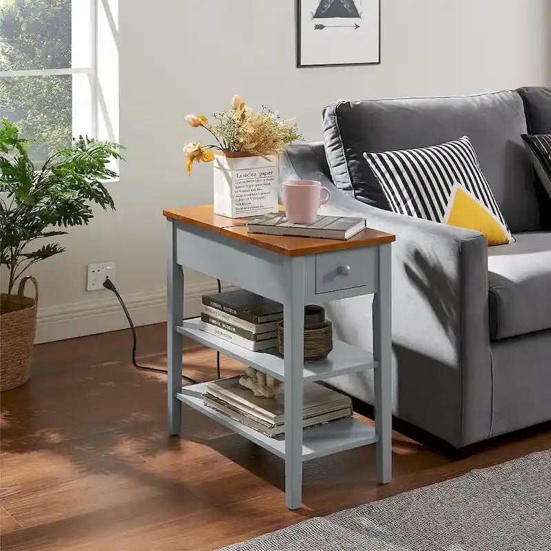 Narrow Two-Tone Side Table with Charging Station, Drawer and Open Shelves, White & Brown