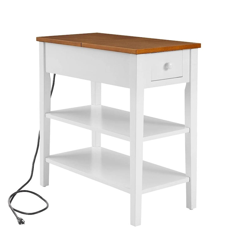 Narrow Two-Tone Side Table with Charging Station, Drawer and Open Shelves, White & Brown