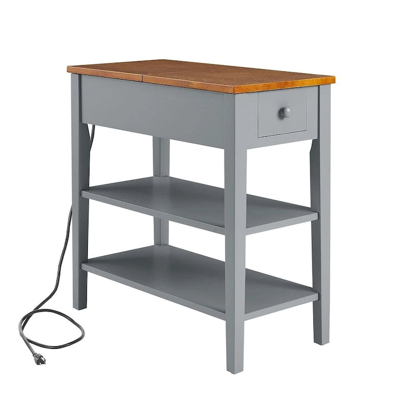 Narrow Two-Tone Side Table with Charging Station, Drawer and Open Shelves, White & Brown