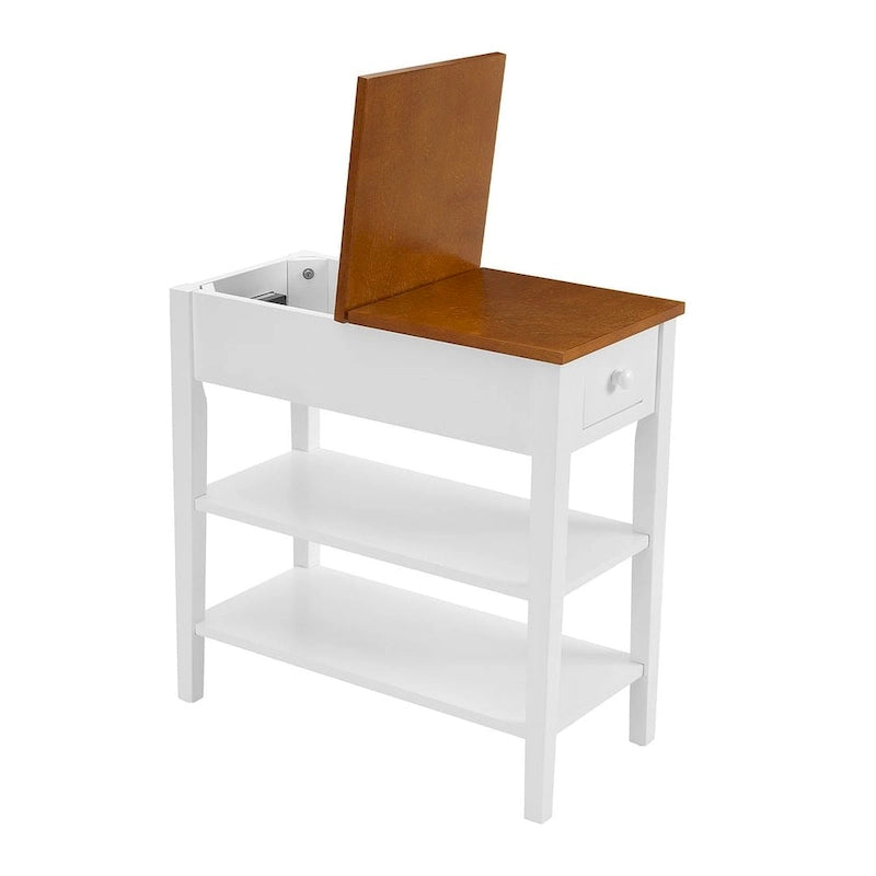 Narrow Two-Tone Side Table with Charging Station, Drawer and Open Shelves, White & Brown
