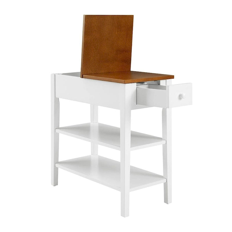 Narrow Two-Tone Side Table with Charging Station, Drawer and Open Shelves, White & Brown