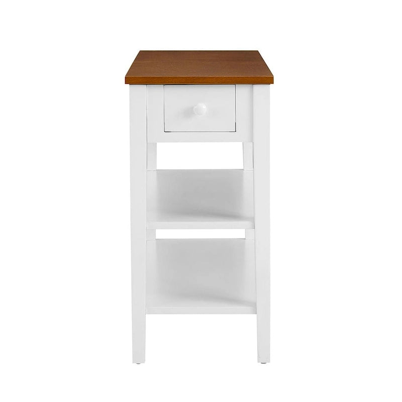 Narrow Two-Tone Side Table with Charging Station, Drawer and Open Shelves, White & Brown
