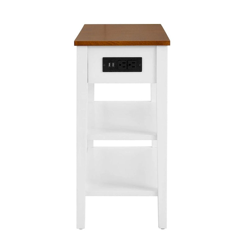 Narrow Two-Tone Side Table with Charging Station, Drawer and Open Shelves, White & Brown