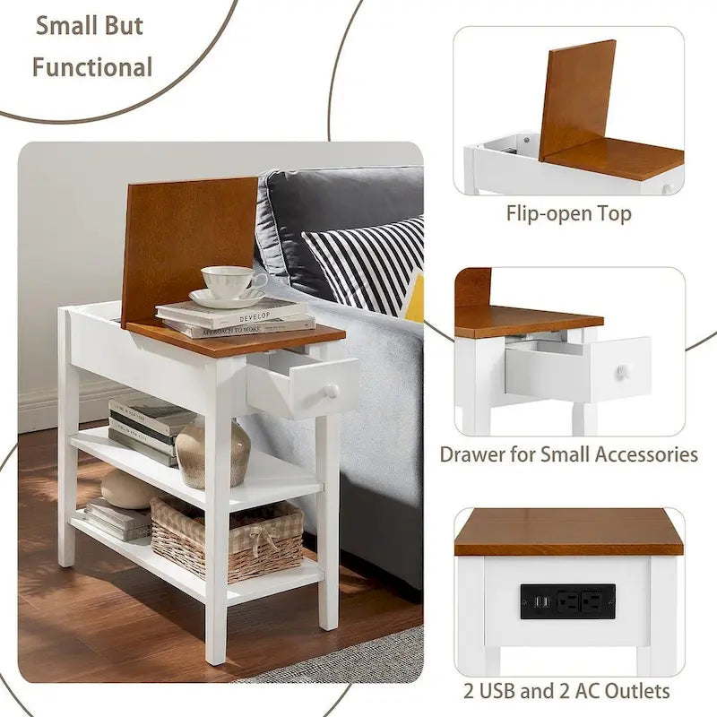 Narrow Two-Tone Side Table with Charging Station, Drawer and Open Shelves, White & Brown