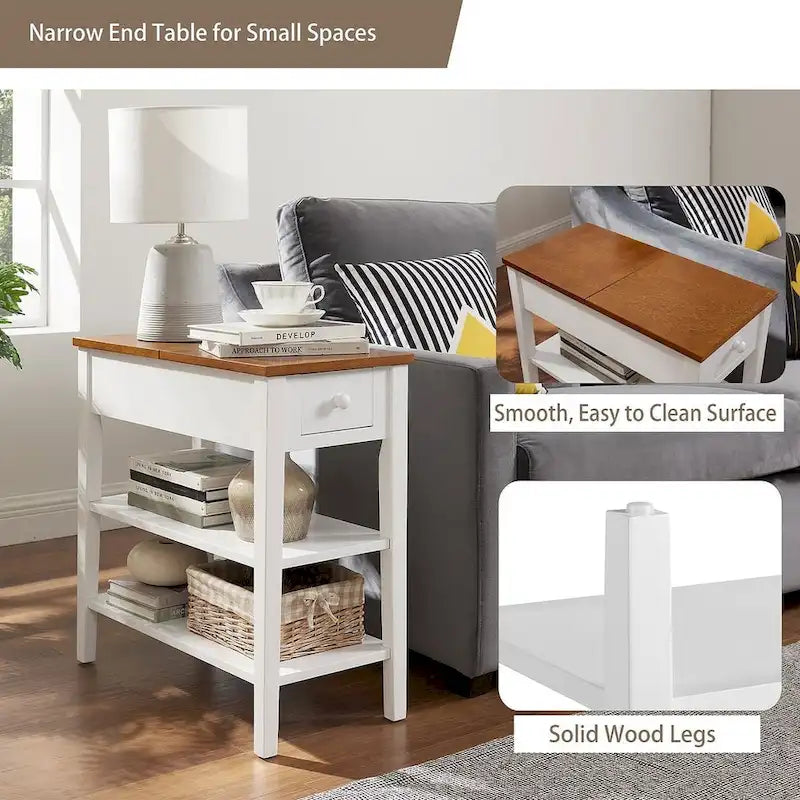 Narrow Two-Tone Side Table with Charging Station, Drawer and Open Shelves, White & Brown