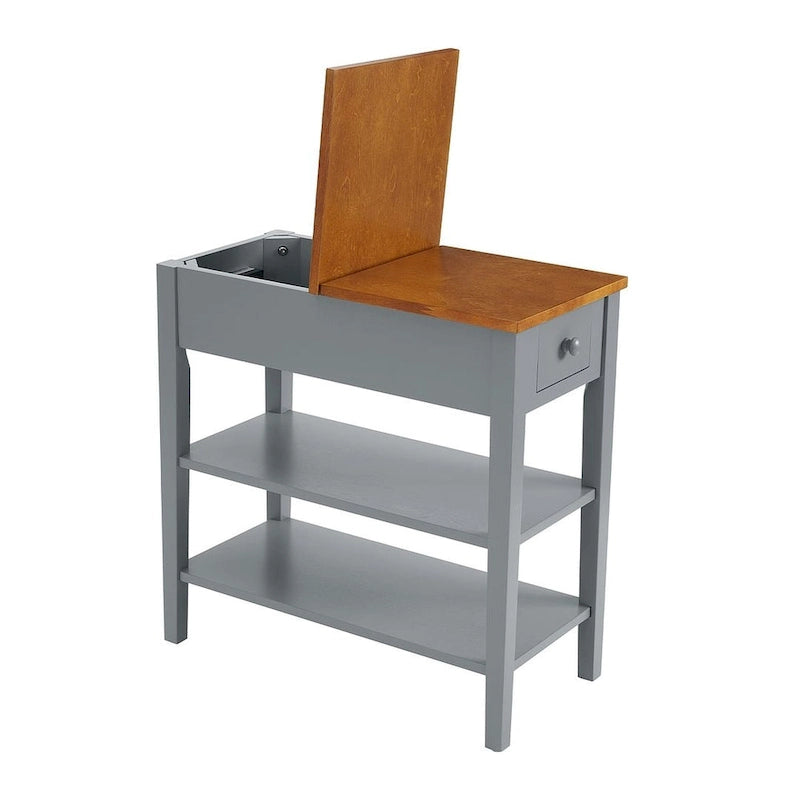Narrow Two-Tone Side Table with Charging Station, Drawer and Open Shelves, White & Brown