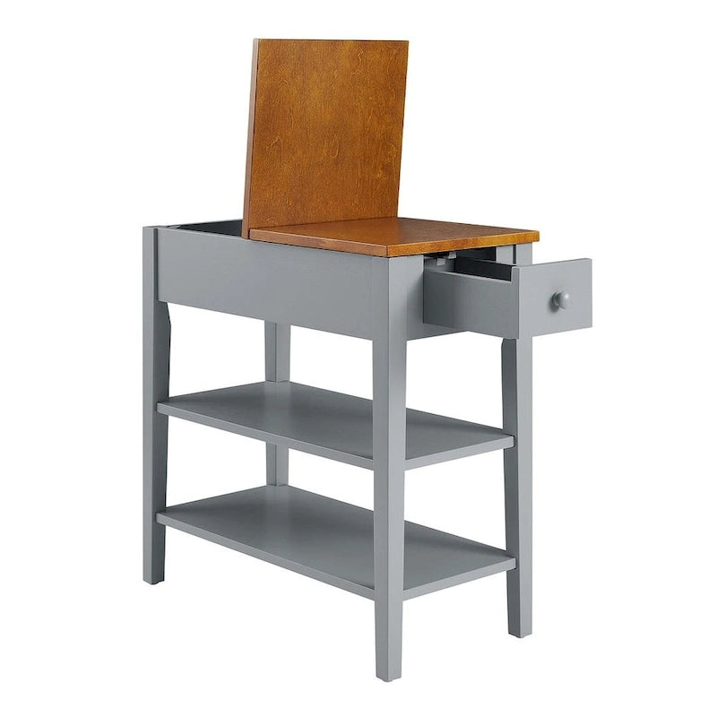 Narrow Two-Tone Side Table with Charging Station, Drawer and Open Shelves, White & Brown
