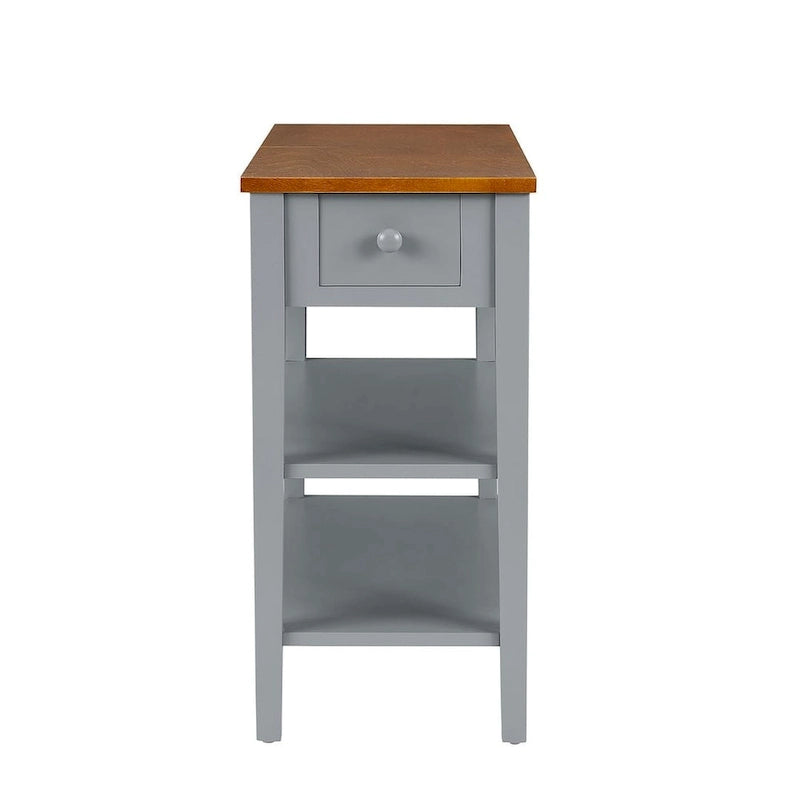 Narrow Two-Tone Side Table with Charging Station, Drawer and Open Shelves, White & Brown