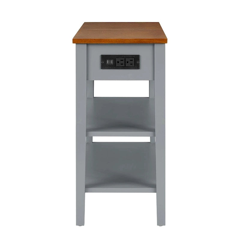 Narrow Two-Tone Side Table with Charging Station, Drawer and Open Shelves, White & Brown