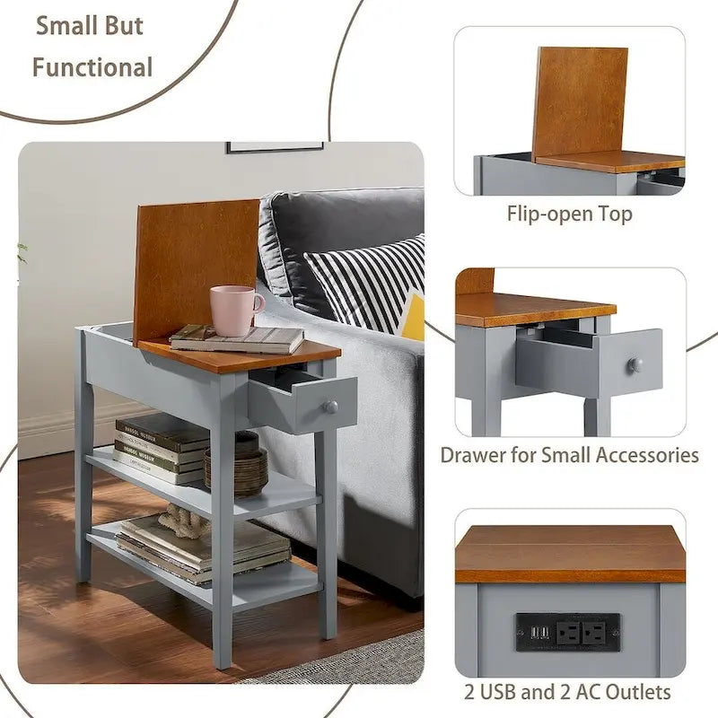 Narrow Two-Tone Side Table with Charging Station, Drawer and Open Shelves, White & Brown