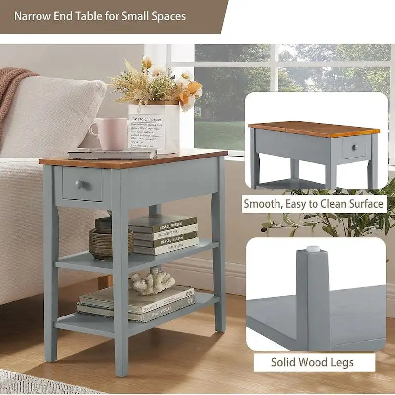 Narrow Two-Tone Side Table with Charging Station, Drawer and Open Shelves, White & Brown