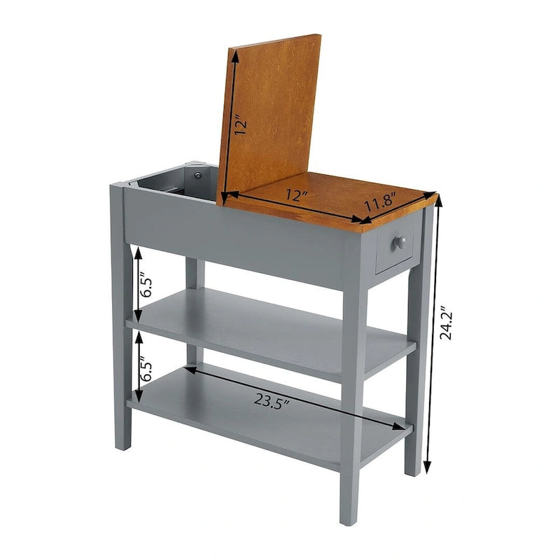 Narrow Two-Tone Side Table with Charging Station, Drawer and Open Shelves, White & Brown