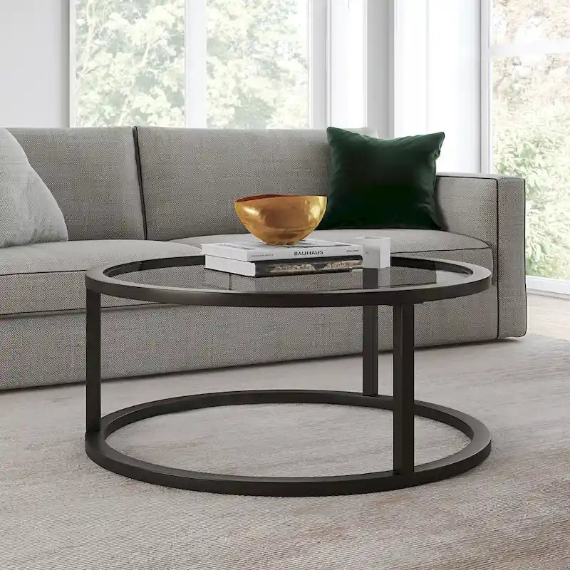 Round Glass Top Metal Frame Coffee Table with Brass Blackened Bronze Nickel Finish