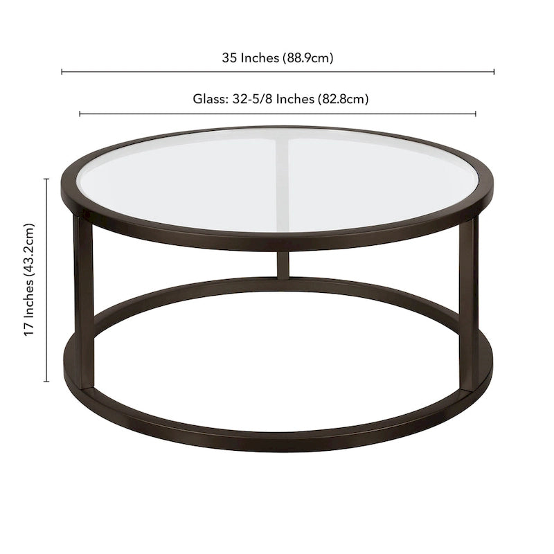 Round Glass Top Metal Frame Coffee Table with Brass Blackened Bronze Nickel Finish