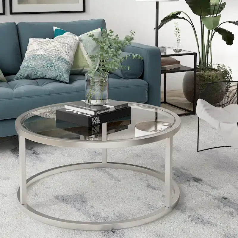 Round Glass Top Metal Frame Coffee Table with Brass Blackened Bronze Nickel Finish