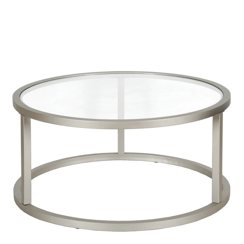 Round Glass Top Metal Frame Coffee Table with Brass Blackened Bronze Nickel Finish