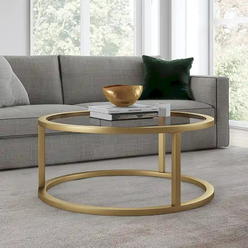 Round Glass Top Metal Frame Coffee Table with Brass Blackened Bronze Nickel Finish