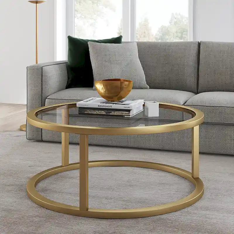 Round Glass Top Metal Frame Coffee Table with Brass Blackened Bronze Nickel Finish