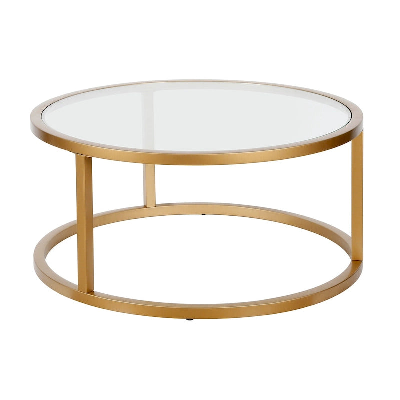 Round Glass Top Metal Frame Coffee Table with Brass Blackened Bronze Nickel Finish