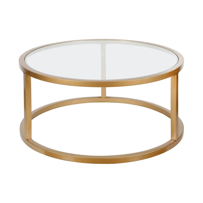 Round Glass Top Metal Frame Coffee Table with Brass Blackened Bronze Nickel Finish