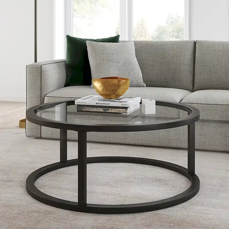 Round Glass Top Metal Frame Coffee Table with Brass Blackened Bronze Nickel Finish