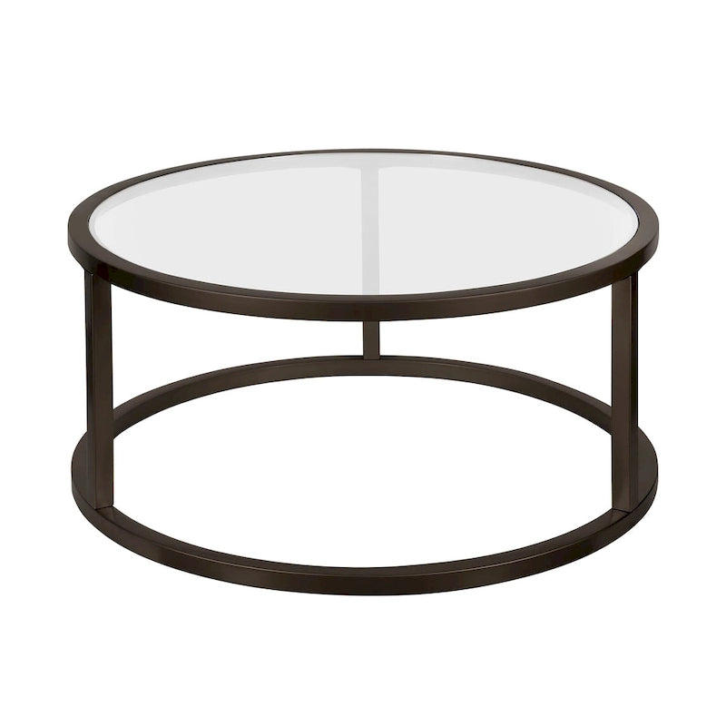 Round Glass Top Metal Frame Coffee Table with Brass Blackened Bronze Nickel Finish
