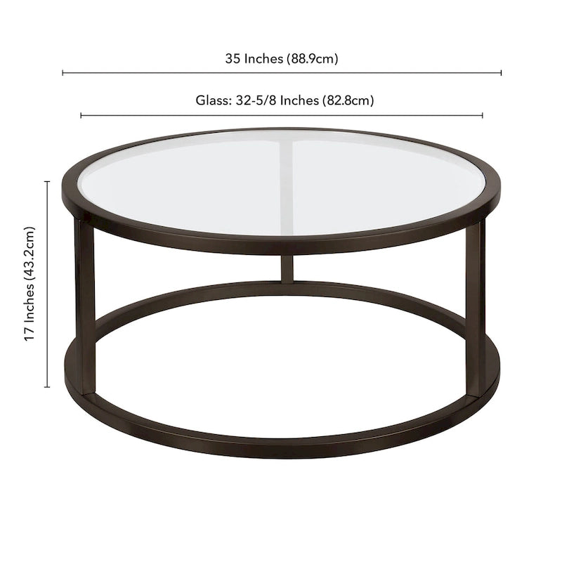 Round Glass Top Metal Frame Coffee Table with Brass Blackened Bronze Nickel Finish