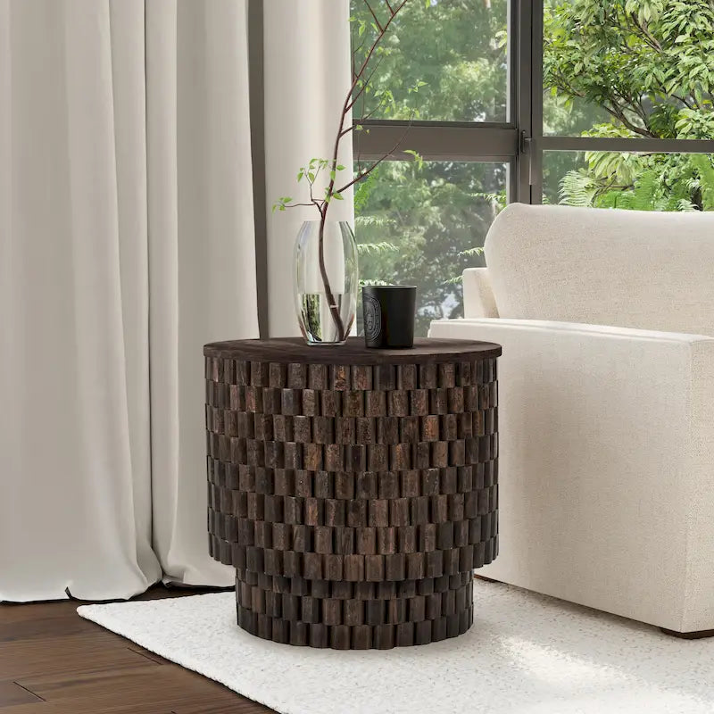 Round Woven Texture Mango Wood End Table Cream Natural Finish