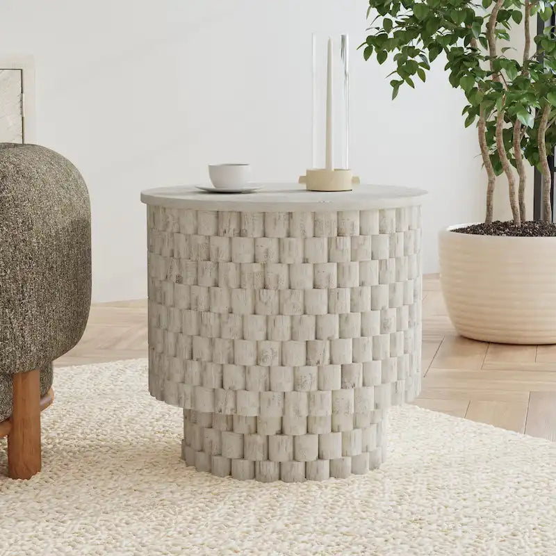 Round Woven Texture Mango Wood End Table Cream Natural Finish