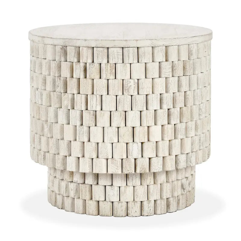 Round Woven Texture Mango Wood End Table Cream Natural Finish
