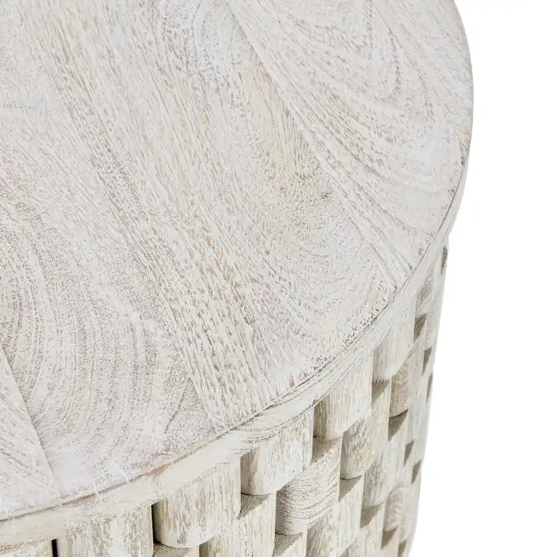 Round Woven Texture Mango Wood End Table Cream Natural Finish